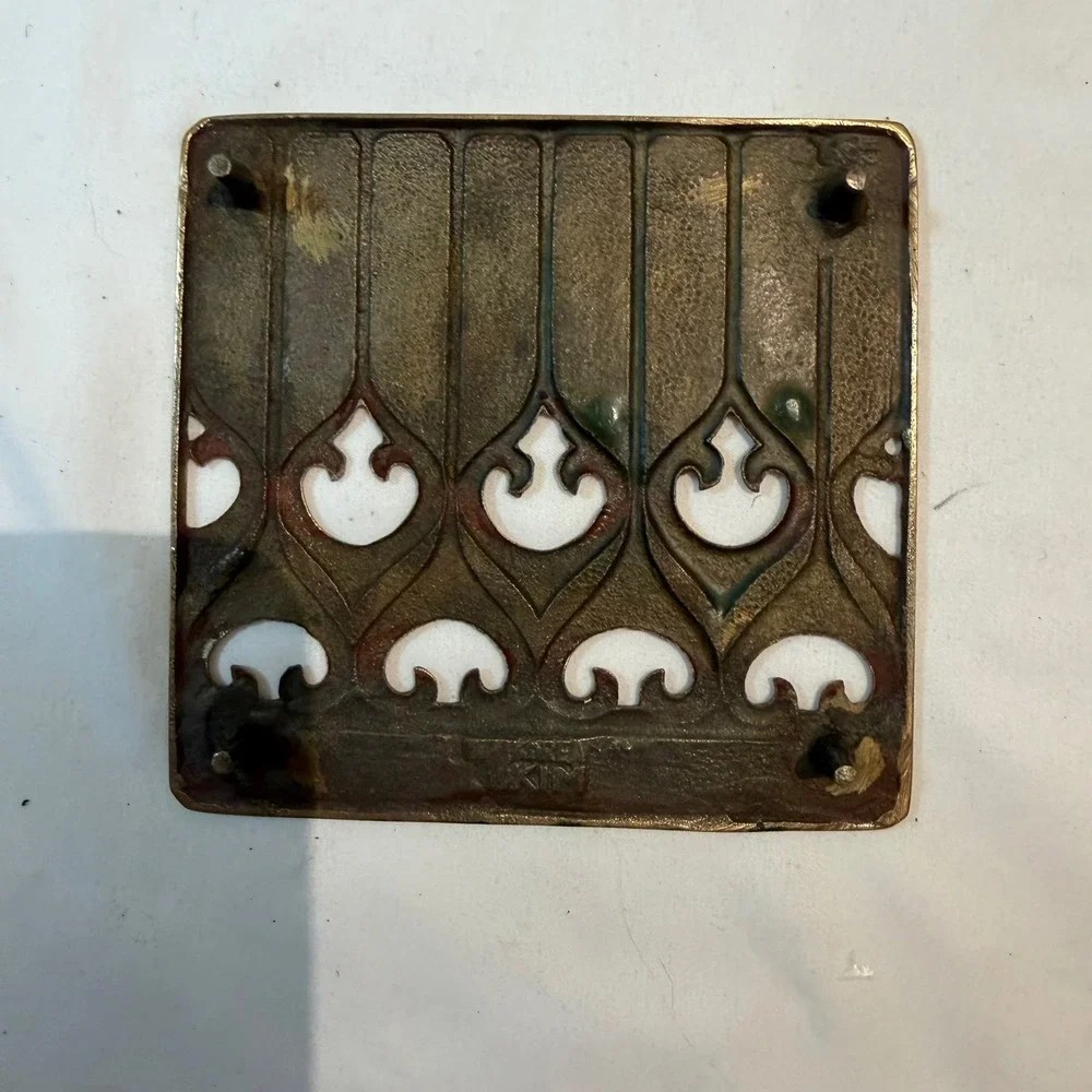 Vintage Art Nouveau Solid Brass Trivet Filigree Heart Scroll Wall Plaque 4.5